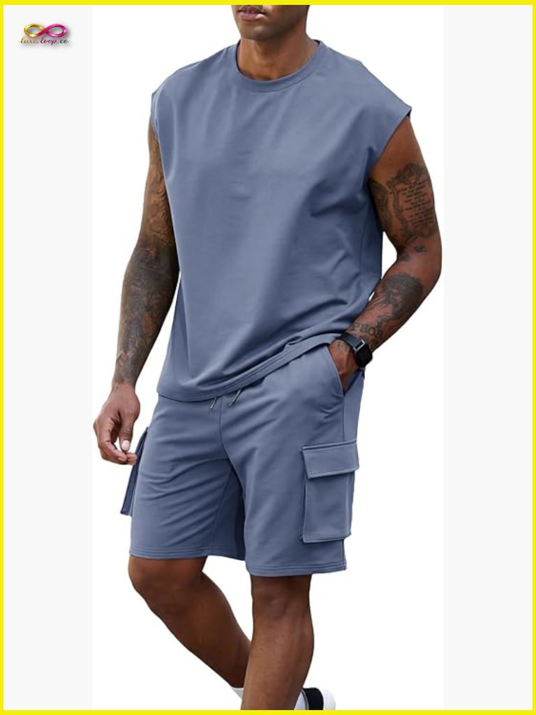 Sleeveless 2 Piece Short Set Muscle Fit Tracksuit Summer Gym Outfit Activewear